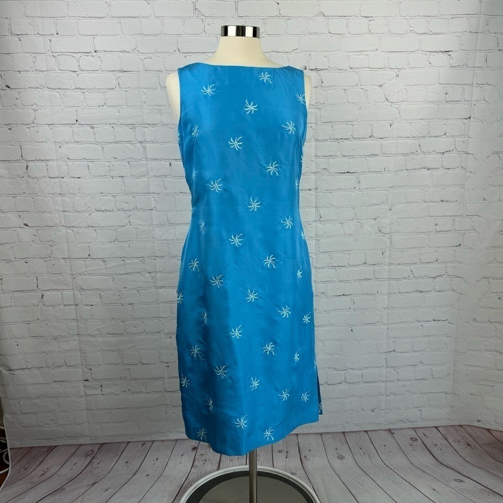 Cynthia Howie Maggie Boutique Blue w/Embroidered Palm Trees Silk Sheath Dress 10